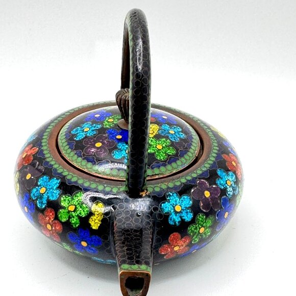 Cloisonné Vtg Floral Teapot Handle Lid Multicolor Enamel On Black Metal 5.5" - Picture 11 of 11